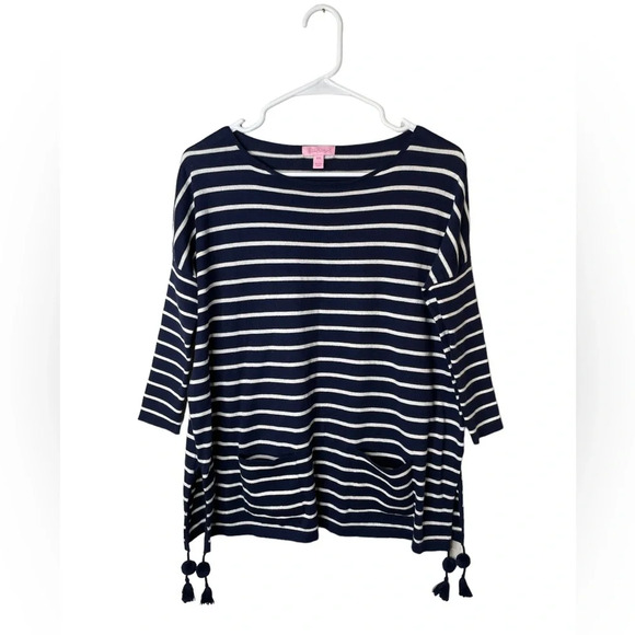 Lilly Pulitzer Navy Stripe Coolmax Elba Sweater With Tassels Size XXS - Picture 4 of 5